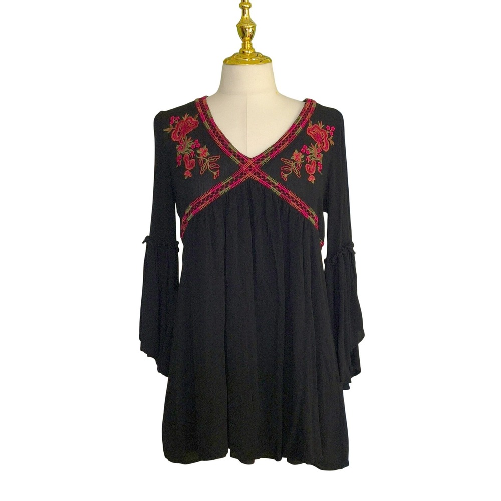 Lily Rain Embroidered Tunic Dress Womens Small Black Boho Bell Sleeve G1284